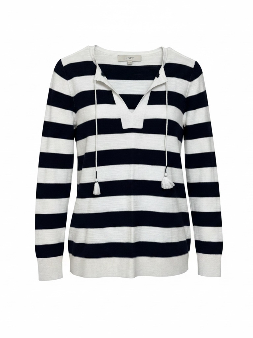 LOFT Blacn & White Striped V-Neck Tie-Front Sweater 100% Cotton - Small